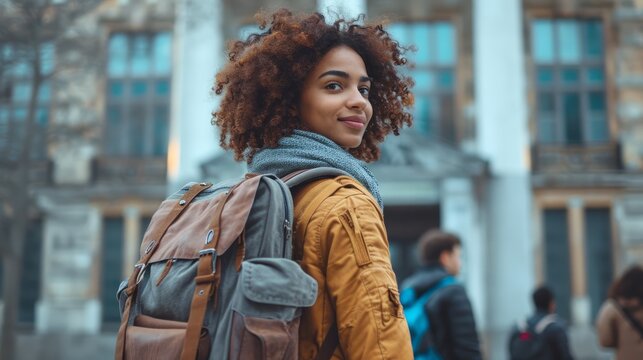 African American immigrant student in the city. Young woman with backpack. Concept of education, new beginnings, immigrant journey, diversity, and cultural assimilation