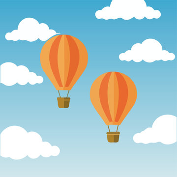 Two orange hot air balloon flying in the blue sky with clouds. Flat cartoon horizontal background. Vector background.