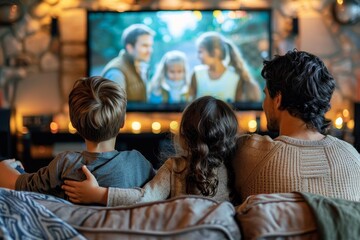 Fototapeta premium A father and his two children sit together on the couch, their eyes glued to the television screen as a woman's face appears, her clothing reflecting the indoor room behind her