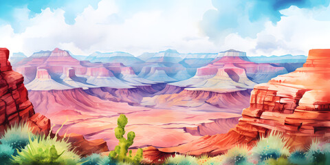Naklejka premium Watercolor illustration landscape view of Grand Canyon 