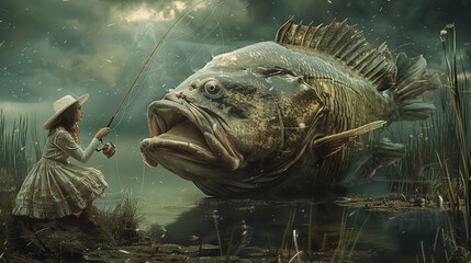mulher pescando peixe gigante  - obrazy, fototapety, plakaty
