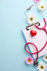 Nurturing wellness: a heartfelt approach to health. Top view vertical shot of clipboard, red heart, pink stethoscope, mix of white and pink flowers on light blue background with space for warm wishes. © Goncharuk film