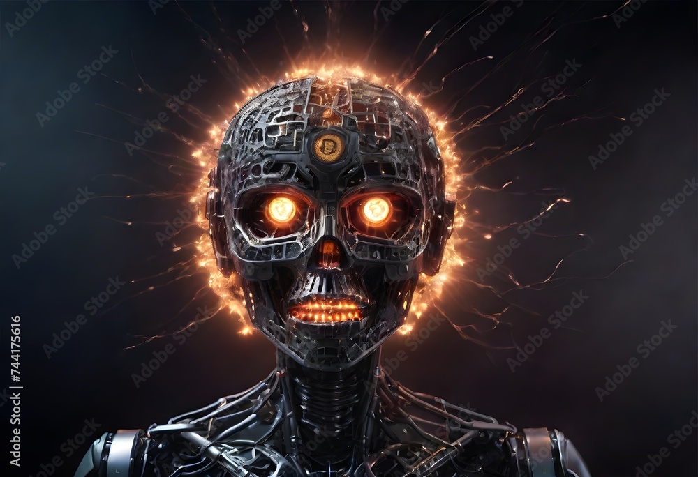 Poster a reflective cybernetic being's face is illuminated by the warm glow of bitcoin symbols, capturing t