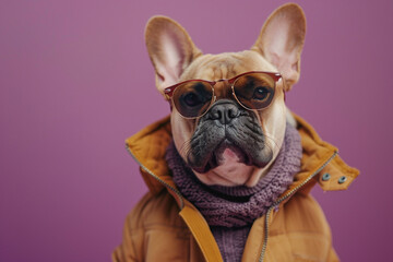 French Bulldog wearing clothes and sunglasses on purple background