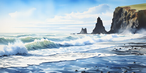Watercolor illustration lanscape view of Reynisfjara beach Iceland - obrazy, fototapety, plakaty