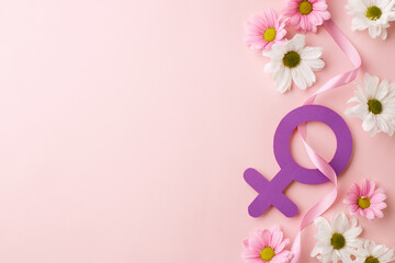 Empowerment in petals: celebrating womanhood. Top view shot of a purple female gender symbol, pink...