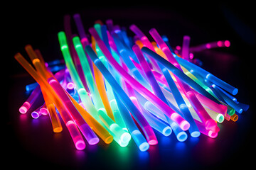 Glowing Neon Party Accessories: Multicolored Glow Sticks in the Dark - obrazy, fototapety, plakaty