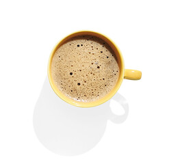 Top view of cup of coffee on white background