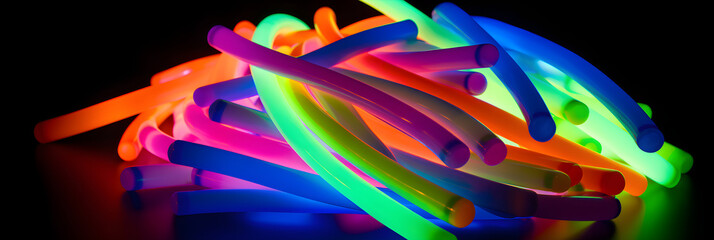 Glowing Neon Party Accessories: Multicolored Glow Sticks in the Dark - obrazy, fototapety, plakaty