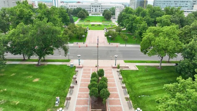 Drone Aerial Colorado State Capitol Buildings and Civic Center Park in Downtown Denver, CO 4K