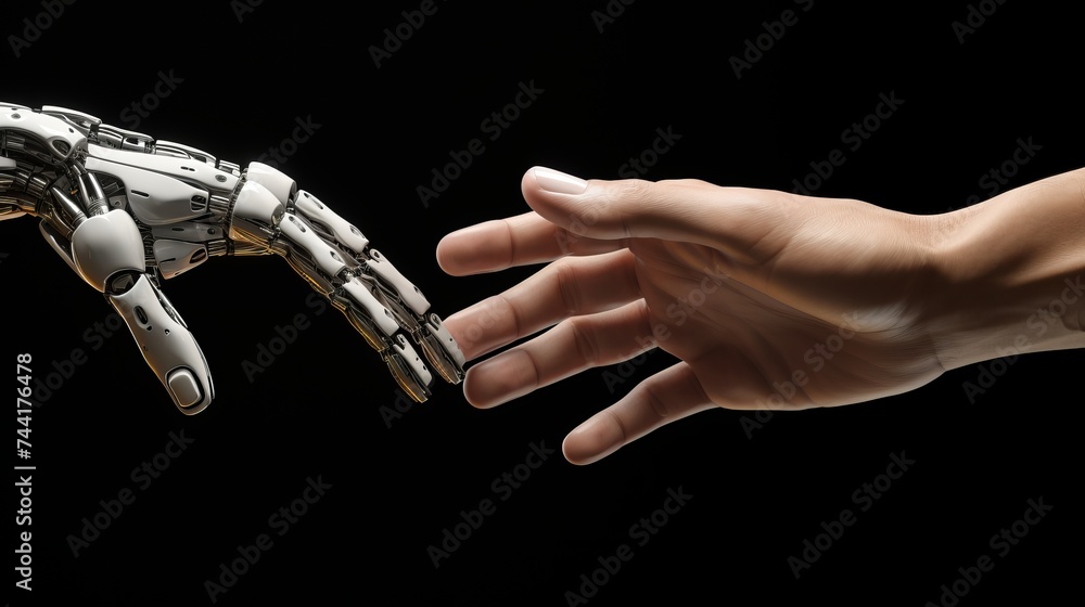 Poster robot hand making contact with human hand. 3d rendering