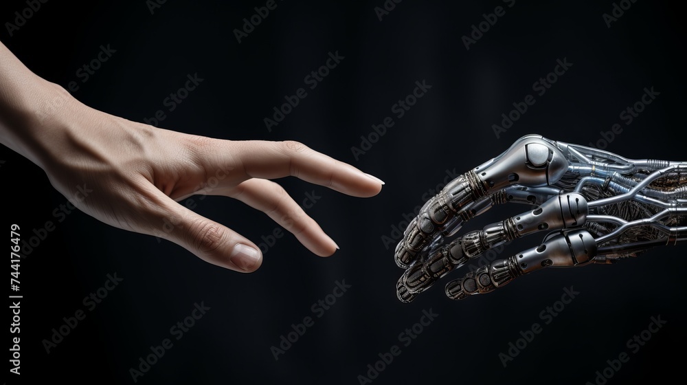 Poster robot hand making contact with human hand. 3d rendering