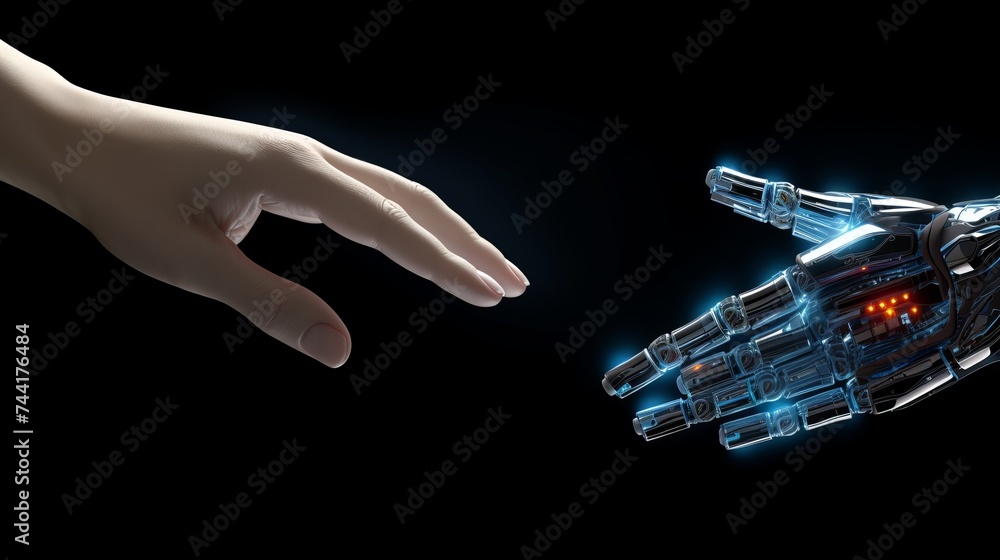 Poster robot hand making contact with human hand. 3d rendering