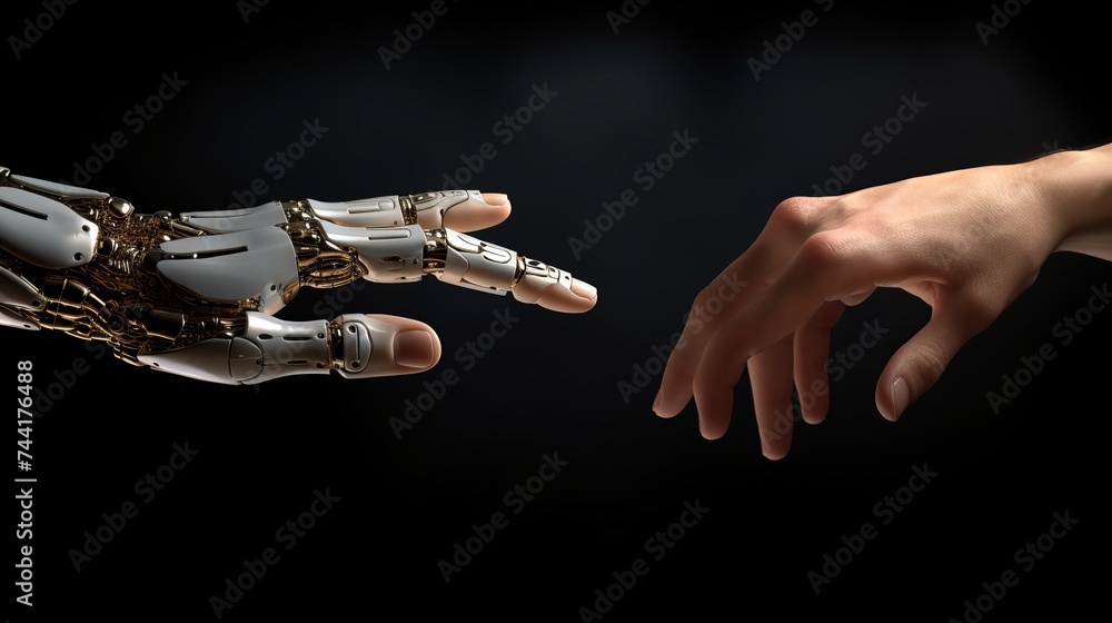 Poster robot hand making contact with human hand. 3d rendering