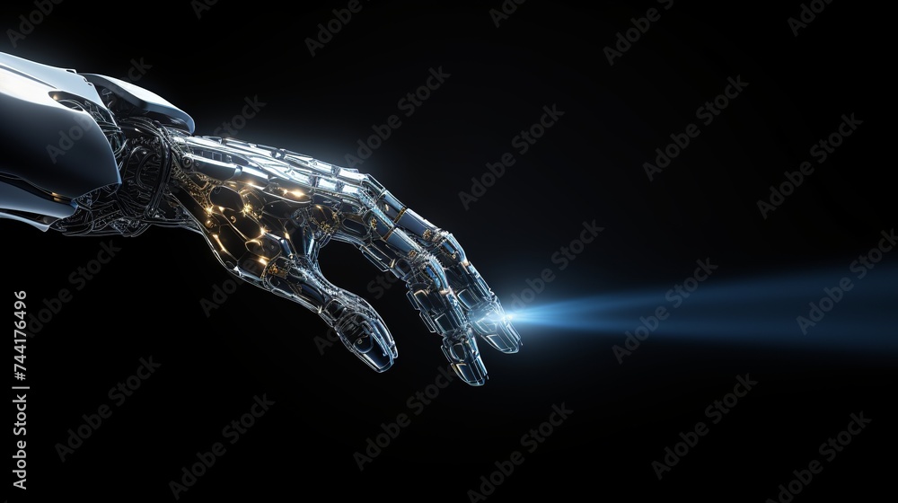 Poster robot hand making contact with human hand. 3d rendering