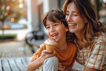 A joyful woman and her young daughter indulge in a sweet treat, their smiles mirroring the colorful swirls of the ice cream cone and the playful patterns on their clothing - Powered by Adobe