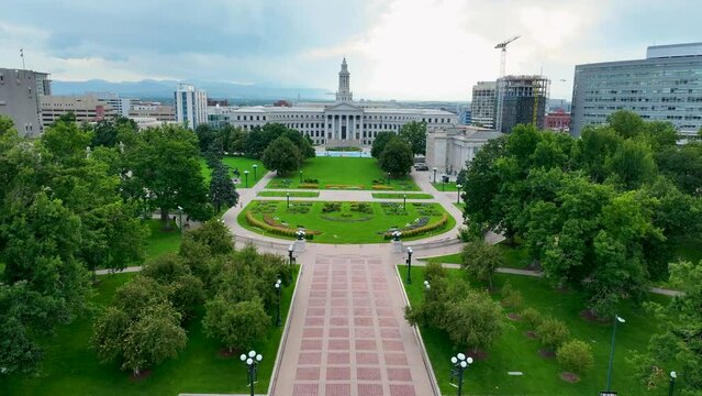 Drone Aerial Colorado State Capitol Buildings and Civic Center Park in Downtown Denver, CO 4K