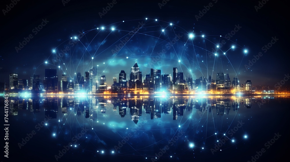 Poster rounded abstract cityscape network connection, internet and global connection concept