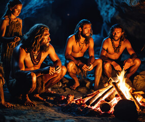 Neanderthal or Homo Sapiens Family Cooking Animal Meat over Bonfire and then Eating it. Tribe of Prehistoric Hunter-Gatherers Wearing Animal Skins Grilling and Eating Meat in Cave at Night