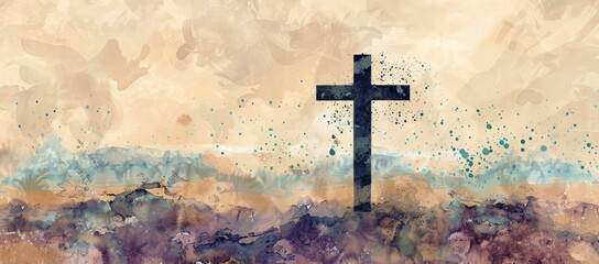watercolor cross in the style of light teal and dark violet confetti-like dots Generative AI - obrazy, fototapety, plakaty