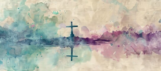 colorful watercolor background of a cross up in a lake Generative AI - obrazy, fototapety, plakaty