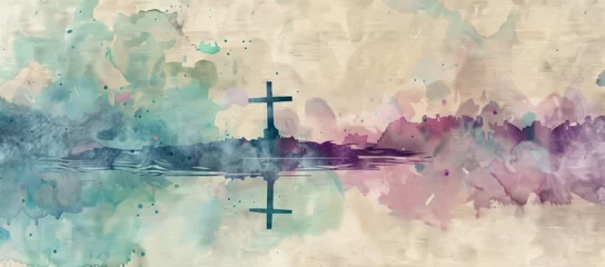 Fotobehang colorful watercolor background of a cross up in a lake Generative AI © SKIMP Art