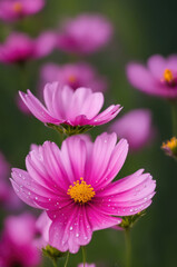 Vivid pink cosmos flower with a golden center, adorned with crystal-clear dew drops