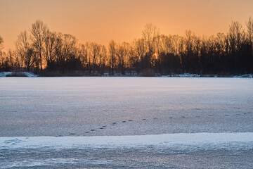 sunset in winter,  frozen lake