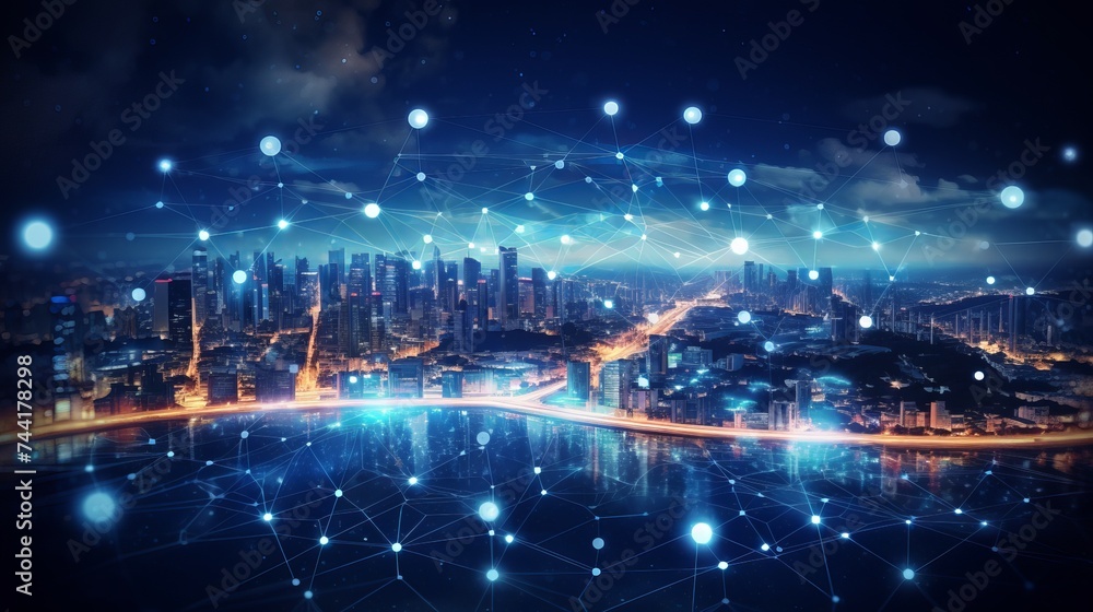 Poster smart city and abstract dot point connect with gradient line and aesthetic intricate wave line desig