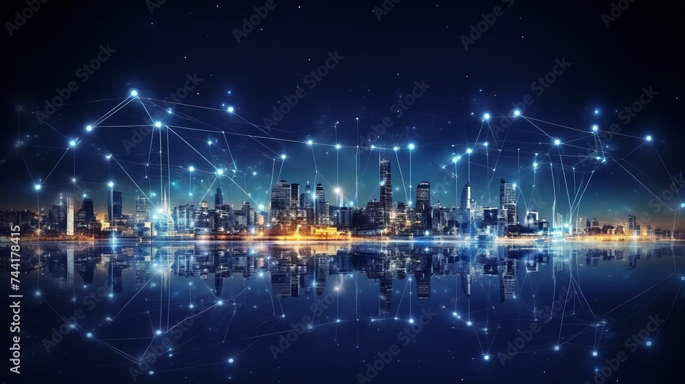 Poster smart city and abstract dot point connect with gradient line and aesthetic intricate wave line desig