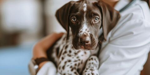 Generative AI, veterinarian doctor is holding in hands cute small puppy dog, vet clinic banner with copy space

