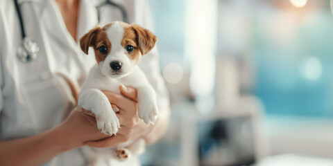 Generative AI, veterinarian doctor is holding in hands cute small puppy dog, vet clinic banner with copy space
