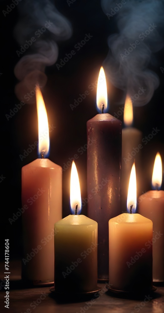 Poster a tranquil array of candles burn with a gentle glow, their flames flickering softly in a serene and 