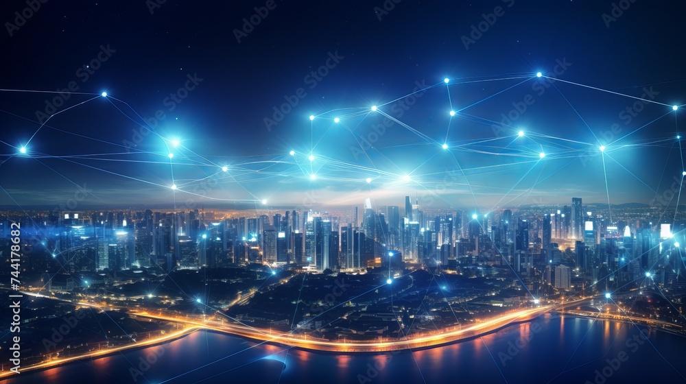 Poster smart city and abstract dot point connect with gradient line and aesthetic intricate wave line desig