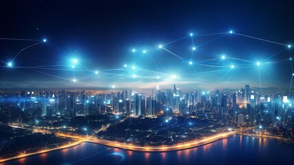Fototapeta premium Smart city and abstract dot point connect with gradient line and aesthetic Intricate wave line design , big data connection technology concept