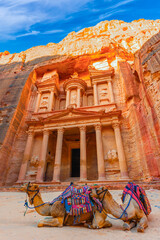 Wadi Musa, Jordan - Siq and the Treasury, Al Khazneh in the ancient Petra - 744179226
