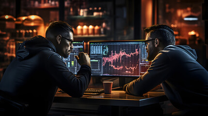two traders at a desk looking at stock charts - obrazy, fototapety, plakaty