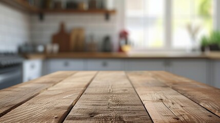 Wooden table on blurred kitchen bench background. Empty wooden table and blurred kitchen background