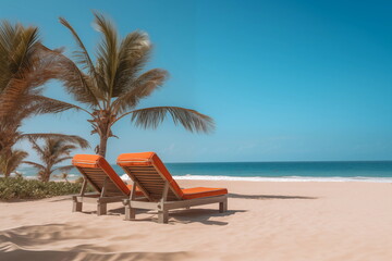 Serenity unfolds: A tropical paradise captured in a snapshot-sun-kissed beach, azure sea, reclining deck chairs, swaying palms. Warmth and beauty in perfect harmony. Sunny day at the sea under palm