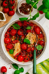 Baked cod with tomatoes, olive oil and herbs..style hugge.