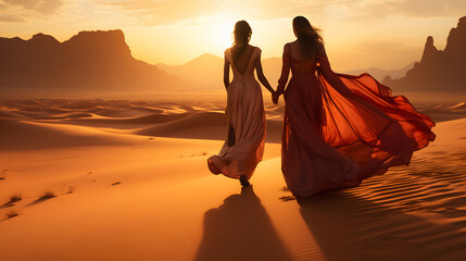 beautiful women in dress walking in desert near sunset