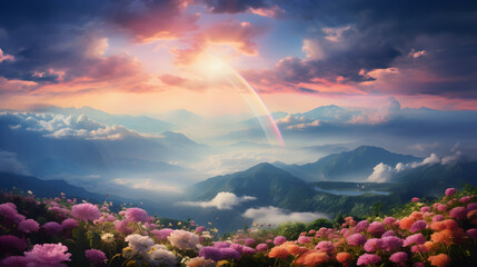 colorful rainbow shaped from beautiful clouds with mountains and flowers