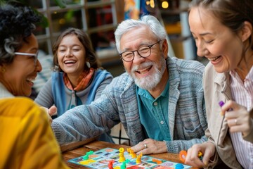 A group of people, ranging from senior citizens to younger individuals, are gathered indoors, wearing a variety of clothing and glasses, as they share smiles and laughter while playing a board game a
