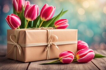 Tulips with Gift Box on Wooden Table