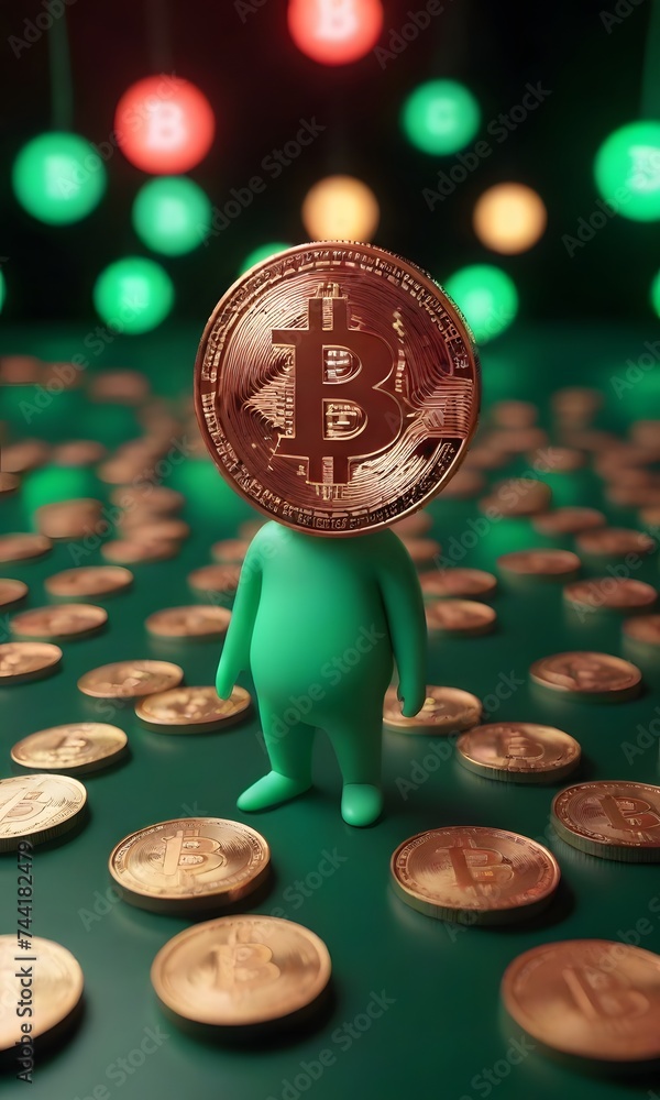 Aufkleber a conceptual character with a bitcoin for a head stands on a platform of coins, amidst a backdrop of