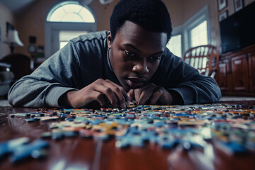 A young adult with autism concentrating on assembling a complex puzzle, showcasing focus and skill. - obrazy, fototapety, plakaty