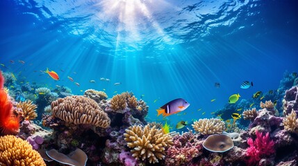 Fototapeta na wymiar Underwater coral reef landscape wide panorama background in the deep blue ocean with colorful fish and marine life
