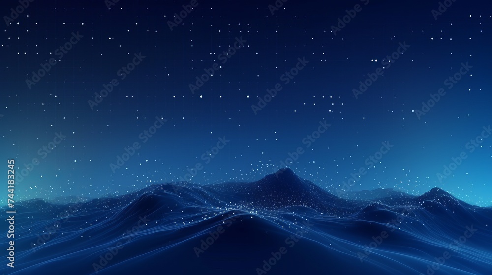 Poster vector abstract futuristic digital landscape with particles dots and stars on horizon. computer geom