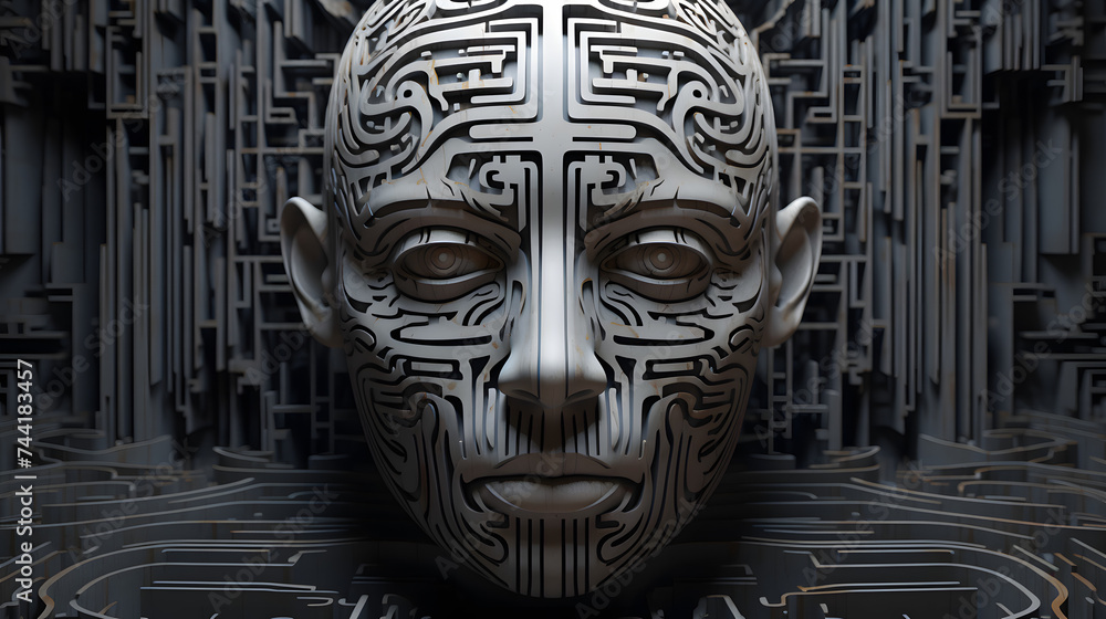 Poster a large maze with a simulated head in the center