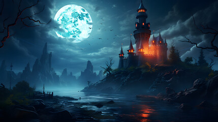 a mysterious dark castle haunted by spirits with a lighthouse